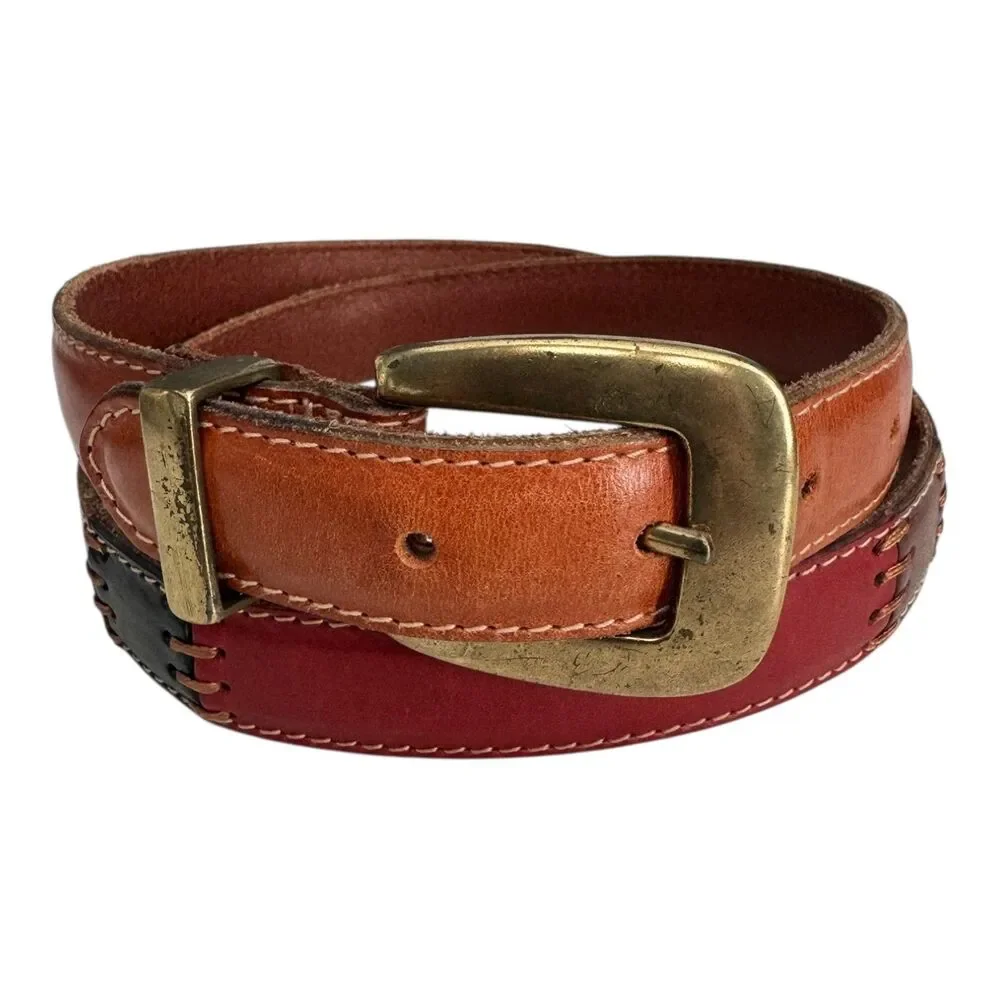 Fossil Leather‎ Belt Mens Large Brown Red Green Patchwork Stitch Vintage Style
